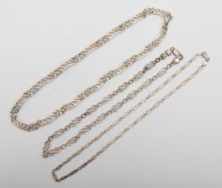 A silver segmented chain, 47cm, together with two other fancy link chains, 66gm.