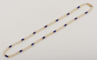 A 375 gold clasped lapis lazuli and baroque pearl neacklace, 42cm.