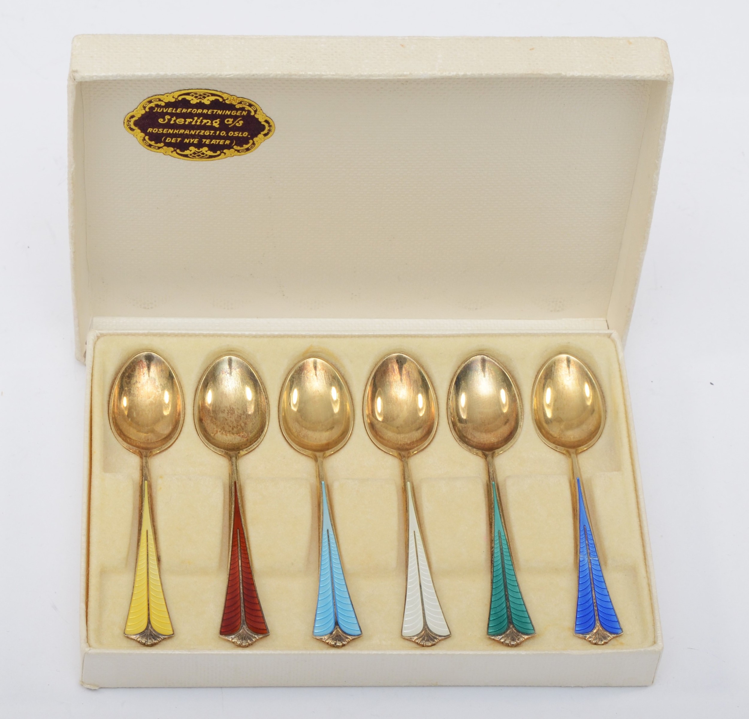 David Anderson, a Norwegian set of silver gilt and enamel coffee spoons, 57gm, original receipt