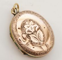 An unmarked gold front and backed oval locket, with chased decoration, 26 x 18mm, 6.9gm.