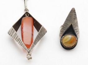 A French silver modernist carnelian necklace, 68cm, together with a similar ring, M, 45gm.