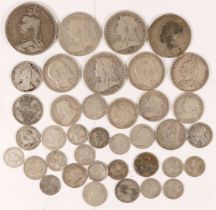 A group of British silver coinage to include a 1889 crown, 1896 half crown and other coinage.