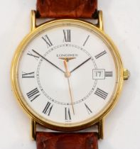 Longines, a gold plated quartz date gentleman's wristwatch, model L4.636.2, serial number