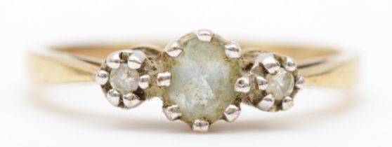 A 9ct gold aquamarine and brilliant cut diamond ring, M-N, 1.8gm.