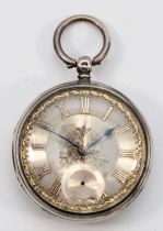 A Victorian silver fusee pocket watch, London 1870, silver dial with applied gold Roman numerals and
