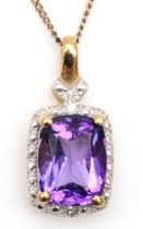 A 9ct gold amethyst and diamond pendant, on chain, 16 x 7mm, 1.9gm.