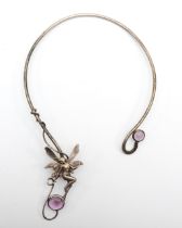 An unmarked silver fairy torque necklace with pink glass set stones 13.2 x 22cm, 54gm.