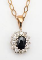 A 9ct gold sapphire and cubic zirconia cluster pendant, on chain, 16 x 7mm, 2.2gm.