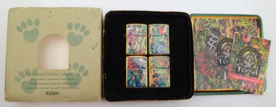 Zippo, a collectors set of four petrol lighters, Mysteries of the Forest, 1995, two unused, in tin