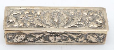 A Spanish silver rectangular box, maker and control mark, cast lid with peacock decoration, 8.5 x