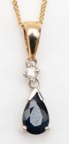 A 9ct gold pear cut sapphire and diamond pendant, on fine link chain, 17mm, 1.2gm