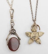 Masonic interest, a silver masonic star orb on chain, 18mm, together with a silver carnelian