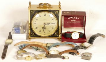A group of fashion watches and a Kienzle mantel clock.