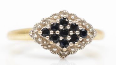 A 9ct gold sapphire and diamond cluster ring, Q, 2.4gm.