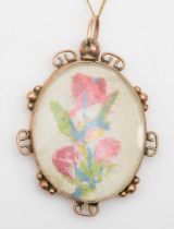 A C. 1900 unmarked gold floral embroidered pendant, on chain , 27 x 39mm, 6.1gm.