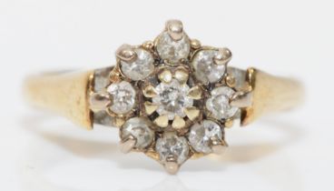 An unmarked gold brilliant cut diamond cluster ring, J, 2gm.