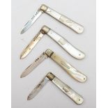 Four silver bladed and mother of pearl handled fruit knives, Sheffield 1913, 1918, 1920, 1925