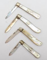 Four silver bladed and mother of pearl handled fruit knives, Sheffield 1913, 1918, 1920, 1925