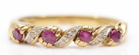 A 9ct gold ruby and diamond dress ring, N-O, 2.1gm.