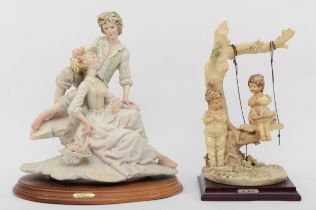 Two 20th century painted resin Capodimonte figures, each raised on a wooden plinth, male and