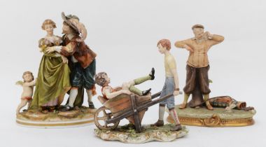Three Capodimonte painted porcelain figures, girl in a wheelbarrow with boy pushing, 20cm high, a