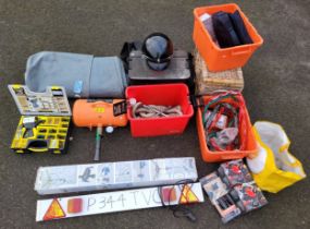 An autojumblers lot to include a Crivit bike work stand, caravan cover, trailer lights, chains,