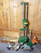 A Record electric lathe, a B&D pillar drill, a circular saw, a bench grinder, a modelling bandsaw