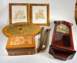 A contemporary mahogany cased wall clock, together a dome topped inlaid effect jewellery box, a