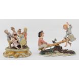 Two 20th century painted porcelain Capodimonte figures, Boy & Girl on Seesaw and Ring Ring A