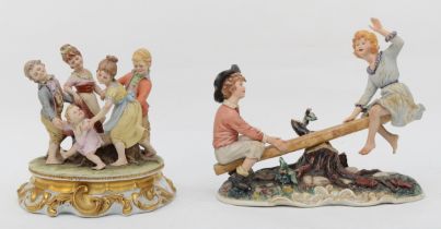 Two 20th century painted porcelain Capodimonte figures, Boy & Girl on Seesaw and Ring Ring A