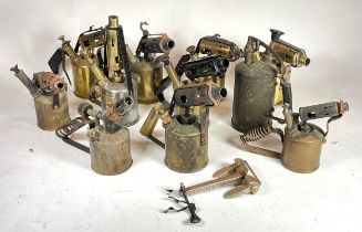 A box of early 20th century brass blow torches