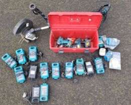 Three Makita drills and a torch, battery chargers and a MacAllister strimmer.