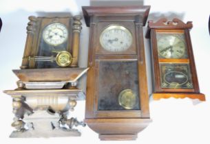 Three mid 20th century Vienna style wall clocks, oak and mahogany cased with eight day movements. (