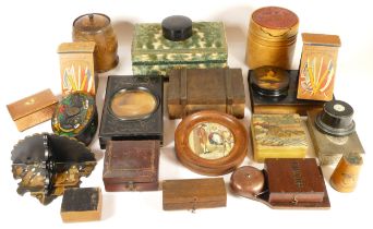 A group of wooden trinket boxes to include a black lacquered and fabric jewellery box, 9 x 23cm.