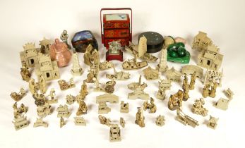 Assorted 20th century painted clay figures, together with malachite and other hardstone eggs etc