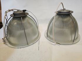 Two pairs of holophane industrial ceiling lamps with glass shades and fittings, 30cm diameter,