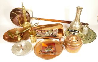 A collection of assorted copper and brassware to include two 20th century Indian brass coffee pots