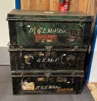 Three late 19th century painted metal storage containers, 78x40cm.