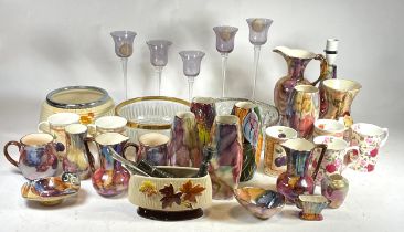 A group of Old Court ware ceramics to include vases, lamp base and glass fruit bowls.