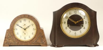 An Art Deco brown Bakelite cased Smiths mantle clock, 19cm high, together with an Art Deco mottled