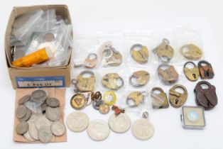 Four £5 coins, six Crowns, various coinage and a collection of Victorian and later padlocks,