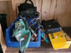 A DEWALT DW818-GB angle grinder, a Parkside belt sander, PEBS 900, and others.