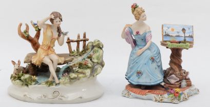 Two 20th century painted Capodimonte porcelain figures, female artist with a painting on a table,