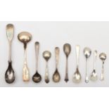 Nine various silver Victorian condiment spoons to include a Josiah Gregory spoon, Exeter 1853, 61gm,