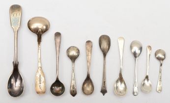 Nine various silver Victorian condiment spoons to include a Josiah Gregory spoon, Exeter 1853, 61gm,