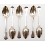 A set of six Georgian silver fiddle pattern tea spoons, no city mark, Lion passant, S, duty mark,