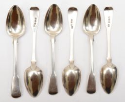 A set of six Georgian silver fiddle pattern tea spoons, no city mark, Lion passant, S, duty mark,