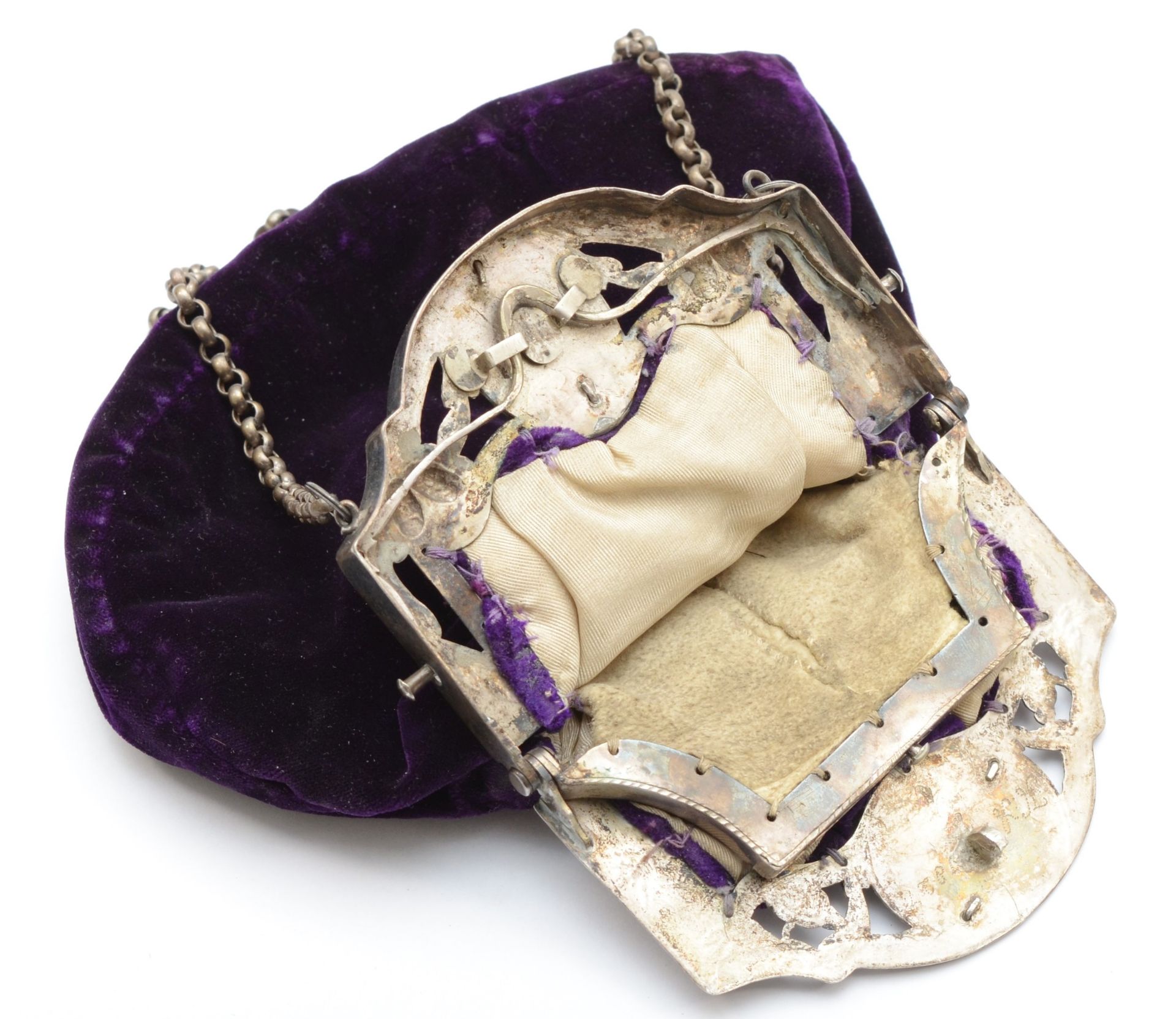 A French silver and velvet purse, makers mark only twice, also prick dotted H A 1827, coin purse - Image 5 of 5