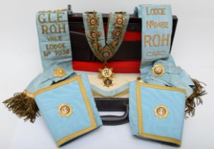 Masonic regalia to include St. Albans Lodge No 296 collar with gilt metal jewels, Aquarius Primo