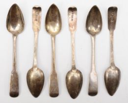 A set of six George III Scottish silver fiddle pattern tea spoons, possibly by Lindsay Beech,